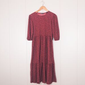 NWOT Zara Red & Black Dainty Floral Tiered Midi Dress